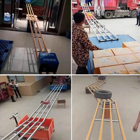 Workhorse Light Duty Conveyor System For Warehouses And DIY Projects With Industrial Grade Rollers And Sliding Rails, Unloading Pulleys, 30 Cm 40 Cm 50 Cm Wide Steel Frame, Extendable From 150 Cm To 300 Cm, Silver conveyor moving boxes and tires in warehouse scenes