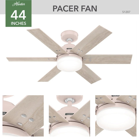 Blush pink 44 Inch indoor ceiling fan with LED light, six wood finish blades, remote control, standard mount for bedroom, Pacer model.