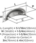 Diagram of Ashby Polished Chrome Cup Pull for cabinets with 5-1/16 in length, 3 or 4 in center-to-center holes, showing dimensions.