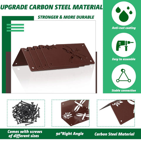 Hella Sturdy 4 Pack 8 Inch Corner Brackets For Raised Garden Bed With Wood Planter Box Featuring Vintage Brown Finish And Decorative Flower Dragonfly Cutouts showing carbon steel material and screws.