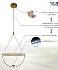 16 Inch Integrated LED Pendant Lighting Fixture In Antique Brass With Adjustable Cable Height For Sloped Ceilings Dimmable
