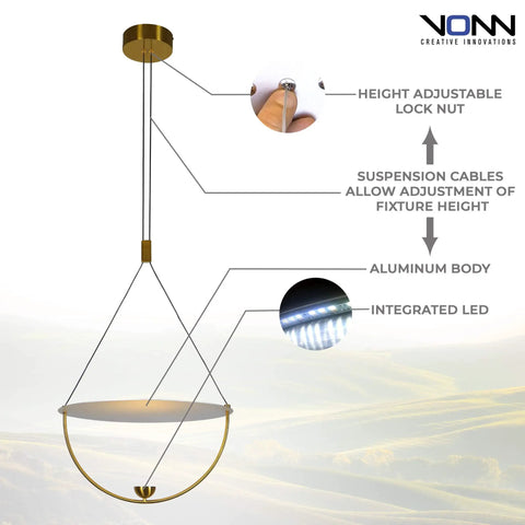 16 Inch Integrated LED Pendant Lighting Fixture In Antique Brass With Adjustable Cable Height For Sloped Ceilings Dimmable