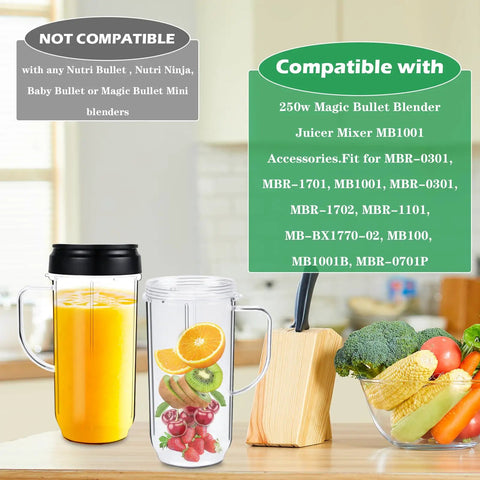22oz Blender Cup Replacement Set With Flip Top On The Go Lid And Handle For 250W MB1001 Blenders Food Grade Material 2 Pack
