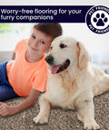 Child and dog on Walk In The Park Plush Carpet Tiles With Built In Padding 18x18 Peel And Stick Flooring Squares