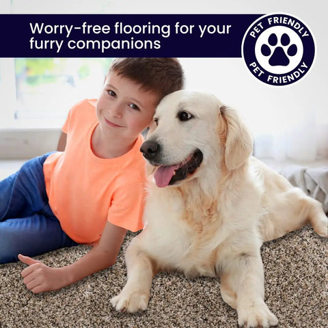 Child and dog on Walk In The Park Plush Carpet Tiles With Built In Padding 18x18 Peel And Stick Flooring Squares