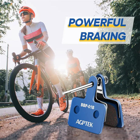 Semi-Metallic Bike Brake Pads Set For Mountain Disc Brakes 4 Pairs With Beefed-Up Copper And Kevlar Composite Low Noise Excellent Heat Dissipation Compatible With TRP Tektro Shimano Deore Brakes Blue, shown beside cyclist on road.