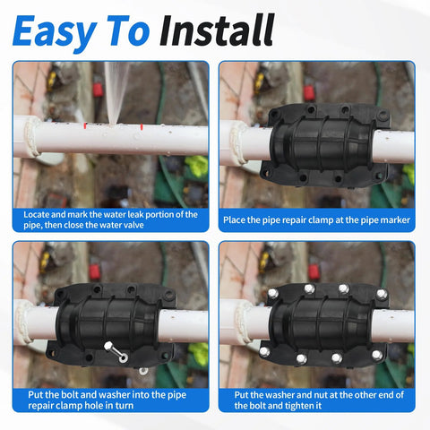 Black pipe repair clamp installed on white 20 mm (3/4 in) pipe for plastic and metal pipes.
