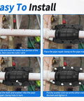 Pipe repair clamp installation collage for 1 1/4 inch pipe; locate leak, position clamp, insert bolt, tighten nut.