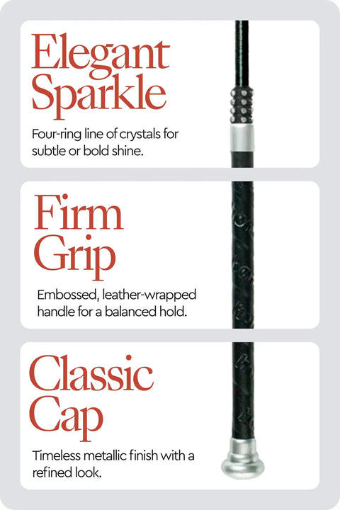 Lightweight Dressage Whip With Bling Crystals And Leather Wrapped Grip Handle, Subtle Sparkle, Mushroom Cap, Black Finish