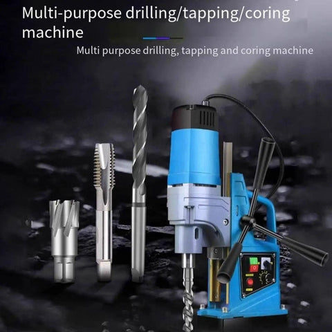Beefy Magnetic Drill Press With Variable Speed, Portable Core Drilling Machine for Steel Plates and Hollow Sections, 1580W, Industrial and Home Use, Handheld, Built Tough for Pros and DIYers, with drilling bits and machine.