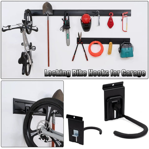 Heavy Duty Slat Wall Hook Set 28 Piece Garage Storage Kit with Locking Hooks for Slatwall Panels in use with tools and bike