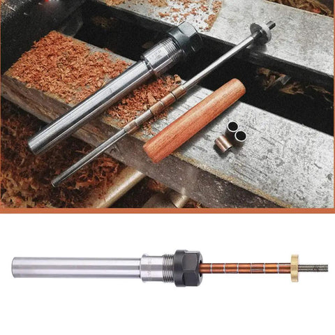 Adjustable Pen Mandrel For Woodturning MT1 6mm Diameter Steel Lathe Tool on workbench with pen blanks and bushings.