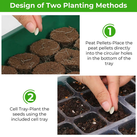 Design showing two planting methods for Seed Starter Tray Kit With Grow Light For Indoor Gardening Six Piece Germination Trays