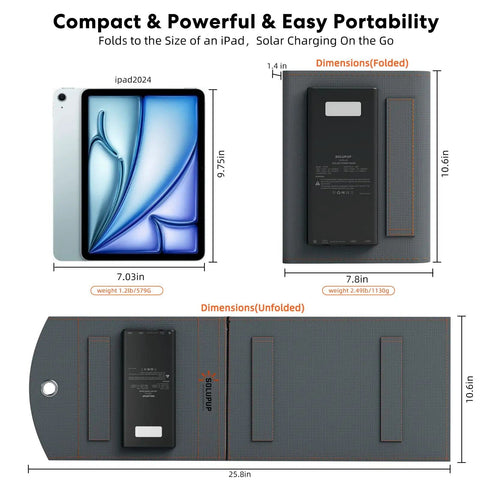 Dimensions of Go-To 10000mAh Solar Charger with 30W Foldable Panels next to iPad, showing compact folded and unfolded size.