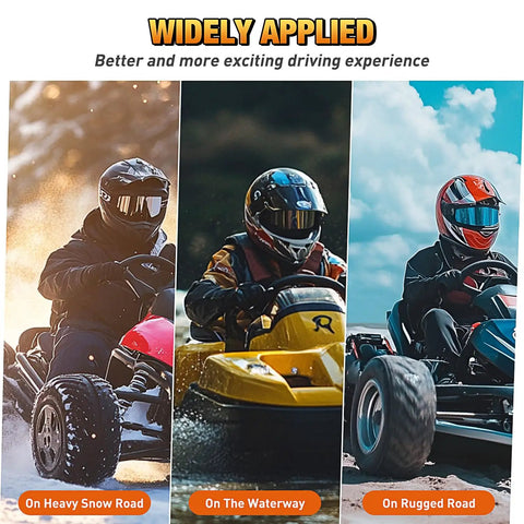 Three go-karts driving in snow, water, and rugged terrain, showcasing durability with Go Kart Drive Belt 30 Series Replacement 9.100.018-725.