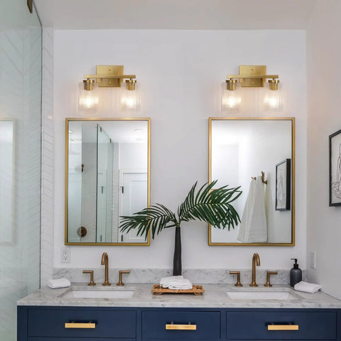 Two Light Brushed Nickel Vanity Light Over Mirror With Textured Glass Shade Modern Wall Mount Bath Fixture E26 Base