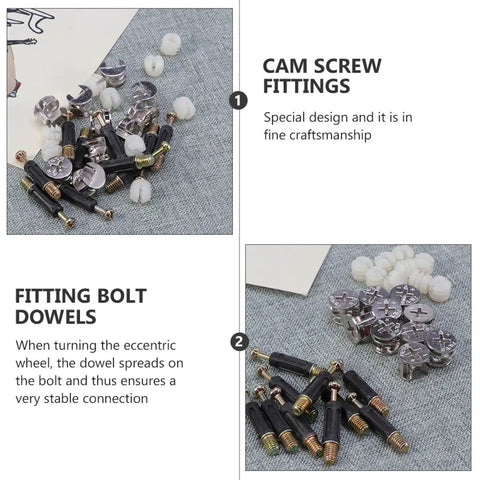 Cam Lock Fasteners Connector Set Including 32 Plastic Dowels, 24 Cam Bolts, And 24 Nuts for Cabinet and Wardrobe Assembly