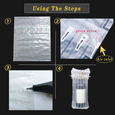 Instructions for using Wine Bottle Travel Protector Bags Set With Pump 10 Inflatable Air Column Cushions for safe transport.