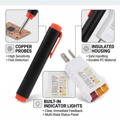 Grounding And Outlet Tester Kit For Home Electrical Safety, White Portable Plug In Detector For Quick Ground Check, Outlet Status, And DIY Wiring Troubleshooting with copper probes