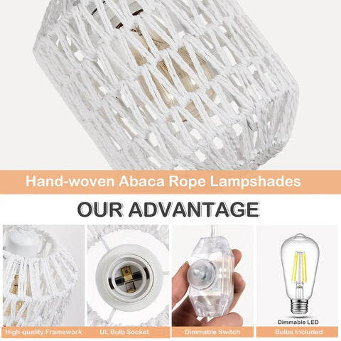 Plug In Pendant Light With LED Bulb Included, Rattan Wicker Boho Chandelier, Hand Woven Hanging Lamp On A 16ft Dimmable Cord