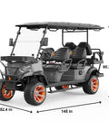 Battle Ready Six Seater Electric Shuttle Golf Cart Built Tough With A Rock Solid 48V 5Kw Motor Cruises At 25Mph Over 50 Miles features gray body, four seats and rugged tires.