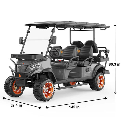 Battle Ready Six Seater Electric Shuttle Golf Cart Built Tough With A Rock Solid 48V 5Kw Motor Cruises At 25Mph Over 50 Miles features gray body, four seats and rugged tires.