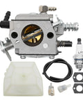 Carburetor Kit Replacement For Echo CS590 CS600P CS600 CS610 CS620 And Shindaiwa 591 Chainsaws With Gasket Set Includes 1 Carburetor And 2 Gaskets Replaces A021001661 A021001660 A021001662, showing carburetor, gaskets, spark plug, air filter, hose.