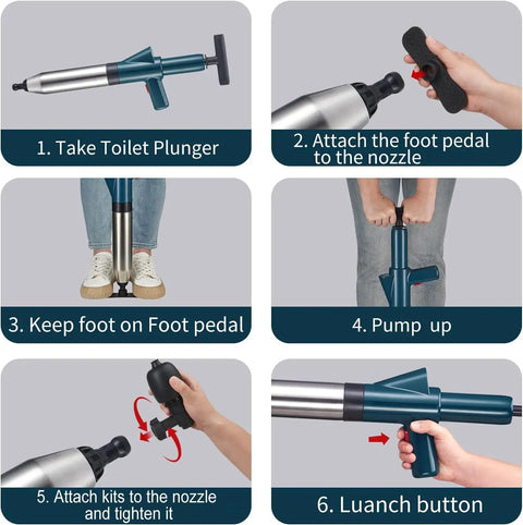 Heavy Duty High Pressure Air Plunger Kit Total Game Changer For Blocked Drains No Sweat Clog Knockout Tool assembly steps with nozzle and foot pedal.