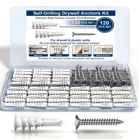 120 Piece Self Drilling Drywall Anchors With Rust Resistant Stainless Steel Screws Heavy Duty Wall Anchor Kit For Hollow Walls Sheetrock, organized in clear case.