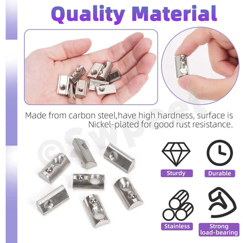 Hands holding Must Have 3030 Series Roll In Spring T Nuts Kit 48 Pieces Carbon Steel Nickel Plated M4 M5 M6 M8 T Slot Nuts for Aluminum Extrusion Rails