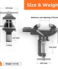 Heavy Duty Bench Vise With 360 Swivel Base Clamp On Mount For Woodworking And Metal Projects Featuring Kickass Non Slip Grip and dimensions shown.