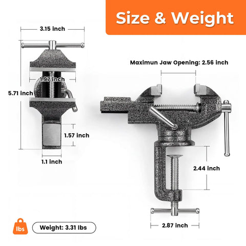 Heavy Duty Bench Vise With 360 Swivel Base Clamp On Mount For Woodworking And Metal Projects Featuring Kickass Non Slip Grip and dimensions shown.