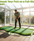Man practicing on 5ft by 10ft golf putting green mat for indoor outdoor practice with real green feel and realistic turf.