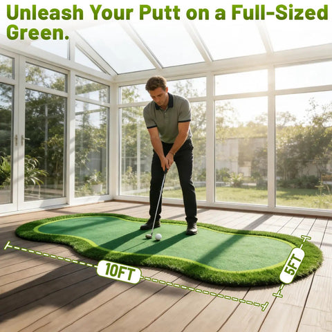 Man practicing on 5ft by 10ft golf putting green mat for indoor outdoor practice with real green feel and realistic turf.