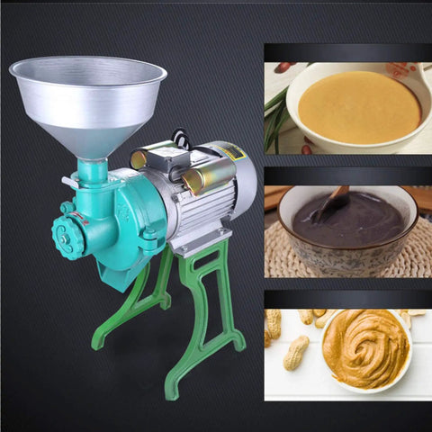 Beefy 3000W Powerhouse Commercial Grain Mill And Flour Grinder with large funnel and food examples - soy milk, cocoa, peanut butter