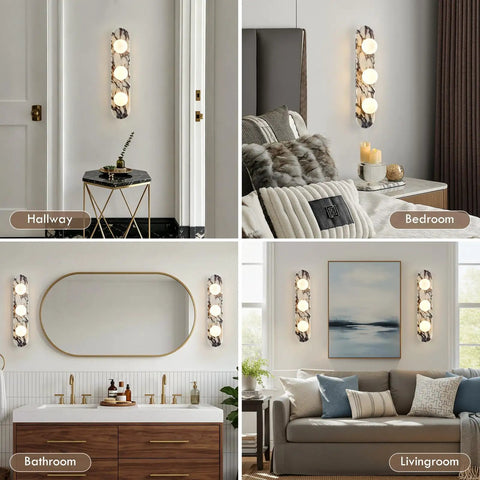 Natural Marble Bathroom Vanity Light, Alabaster 3-Light Wall Sconce in hallway, bathroom, bedroom, and living room settings.