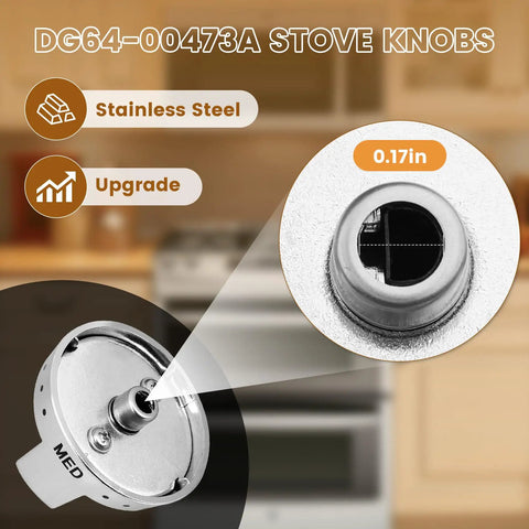 Beefed-Up DG64-00473A Top Burner Dial Knobs for Samsung Gas Range Ovens Replacement, stainless steel detail