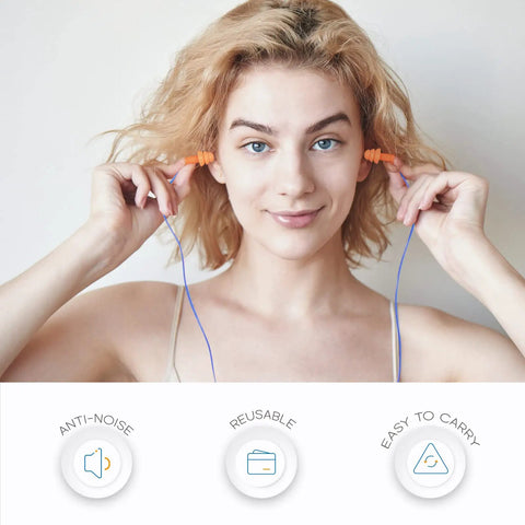 Person using All Day Comfort Corded Earplugs With 25dB NRR, Reusable Soft TPR Ear Plugs For Shooting Range Snoring Studying Construction