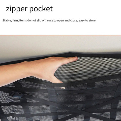 Extra Large Car Ceiling Cargo Net With Reinforced Mesh showing hand opening zipper pocket for overhead storage