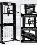 12 Ton Hydraulic H Frame Shop Press With Rugged Steel Assembly And Smooth Action Adjustable Table front view showing adjustable height and movable press plate
