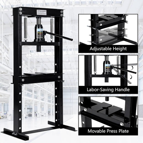 12 Ton Hydraulic H Frame Shop Press With Rugged Steel Assembly And Smooth Action Adjustable Table front view showing adjustable height and movable press plate