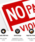 No Parking Violator Will Be Towed Sign Built Tough From Premium Aluminum For Indoor Outdoor Use With Rust Free Construction And High Visibility To Stop Unwanted Parking In Any Lot Garage Or Driveway. close-up of red and white no parking sign with hanging holes