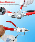 Heavy Duty Steel Banding Strapping Kit With Integrated Ratcheting Tensioner Cutter For Pallet Packing Includes One Hundred Pieces High Strength Buckles And Three Quarter Inch By One Hundred Foot Coil Built Like A Tank To Knock Out Every Job, showing tensioner tool in use with ergonomic handles.
