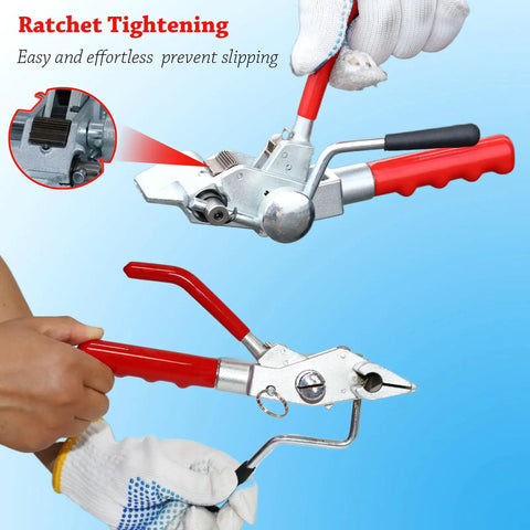 Heavy Duty Steel Banding Strapping Kit With Integrated Ratcheting Tensioner Cutter For Pallet Packing Includes One Hundred Pieces High Strength Buckles And Three Quarter Inch By One Hundred Foot Coil Built Like A Tank To Knock Out Every Job, showing tensioner tool in use with ergonomic handles.