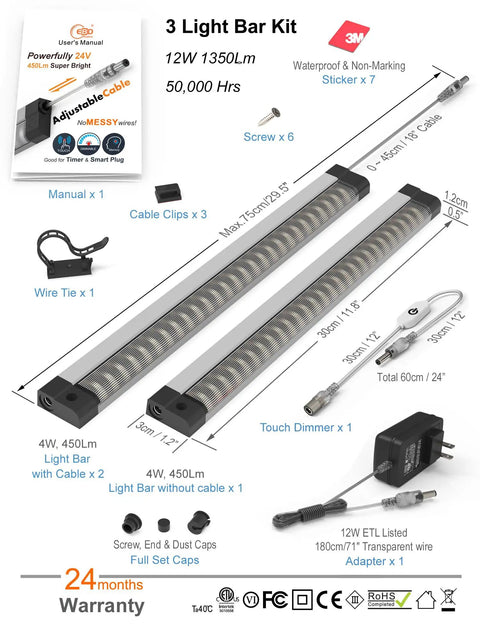 Plug-In Under Cabinet LED Light Bar Kit, 3 Pack 12 Inch, Built-In Adjustable Cable, 6500K Cool White, No Mess Wires, Dimmer Memory