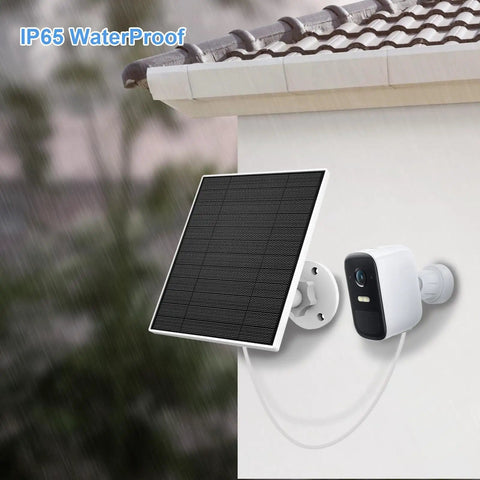 Outdoor Camera Solar Panel Charger 5W Compatible With Eufycam 3C 3 2C 2C Pro 2 2 Pro E20 E40 E L40 L20 IP65 Waterproof 9.8ft Charging Cable Adjustable Wall Mount 1 Pack on house wall in rain