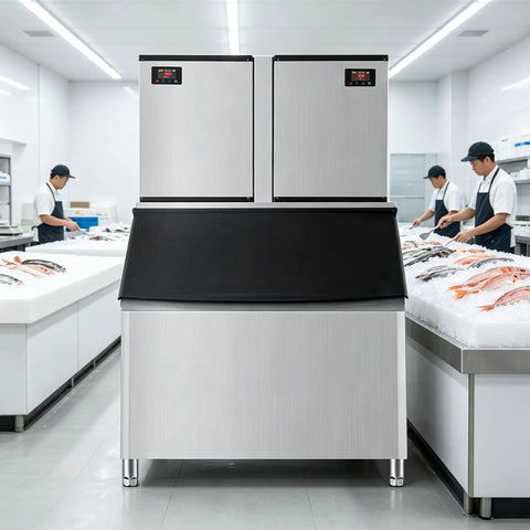 Heavy Duty Commercial Ice Maker Pumping Out Crisp Clear Cubes On The Fly With Stainless Steel Frame in a kitchen.