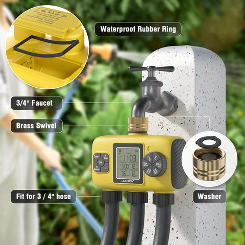 Three Zone Sprinkler Timer For Outdoor Irrigation, Beefy Heavy Duty Controller with brass swivel and 3/4 inch faucet