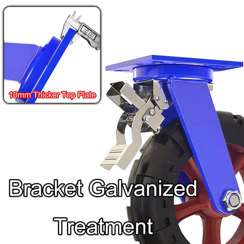 Rugged Swivel Caster Set Of Four With Solid Rubber Tires Dual Locking Brakes Plus Heavy Duty Steel Bodies showing 10mm thicker top plate for durability.