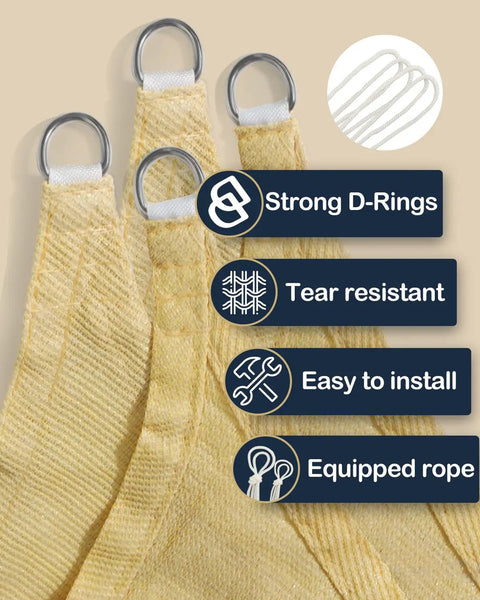 Close-up of Rectangle Sun Shade Sail 10 By 13 Permeable Canopy Yellow Outdoor Shade with D-rings and rope for easy installation
